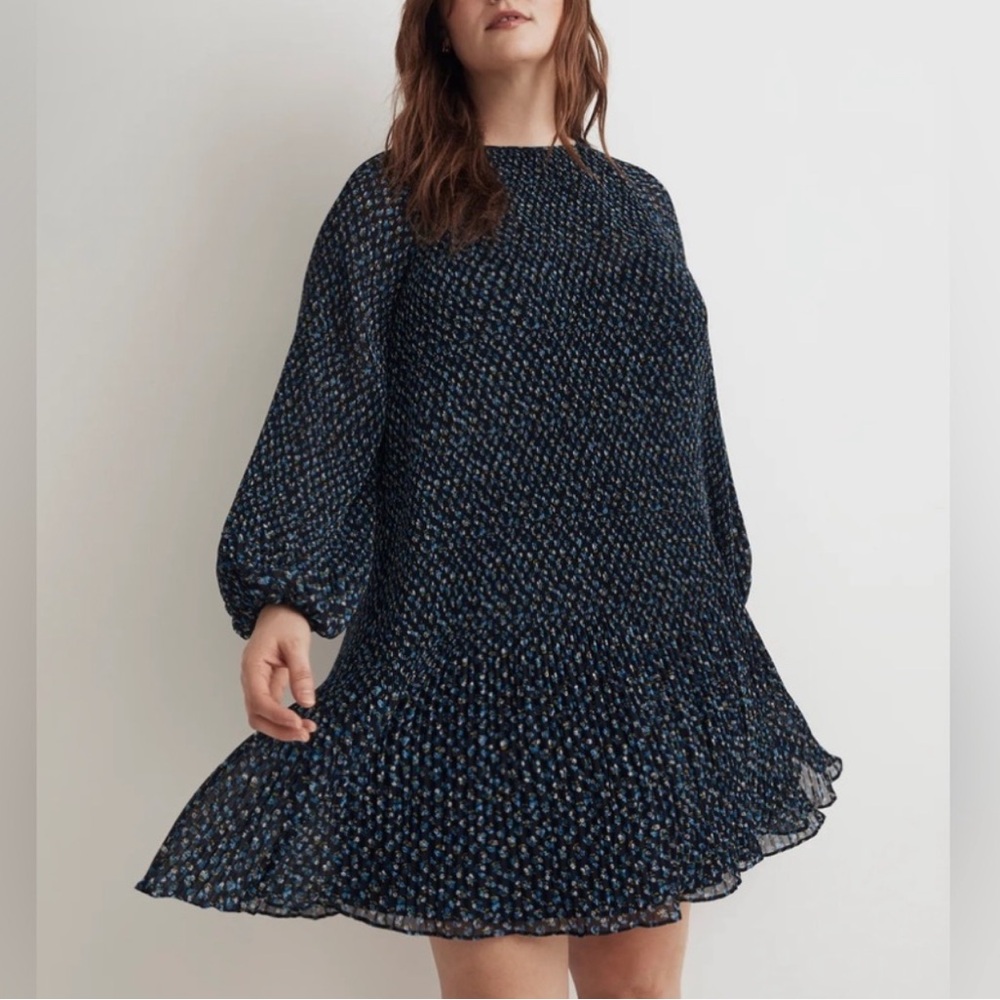 Madewell Crinkle Georgette Mini Dress Womens Size 1X Blue Floral Boho Peasant